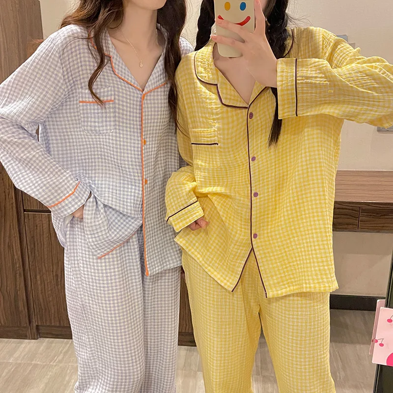 

Pure Cotton Long Sve Spwear Set for Women Spring Autumn Plaid Print Home Clothes Outwear Best Friend Matching Set