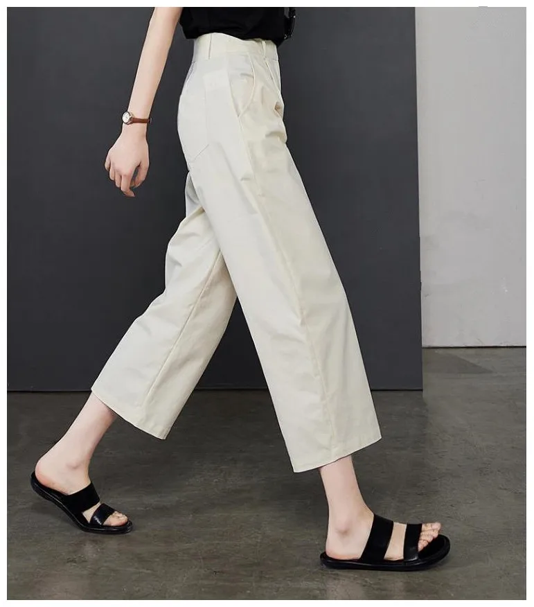 Boweylun Summer Sickle Pants Casual Loose Wide Leg Pants Women's High Waist White Nine Minute Pants