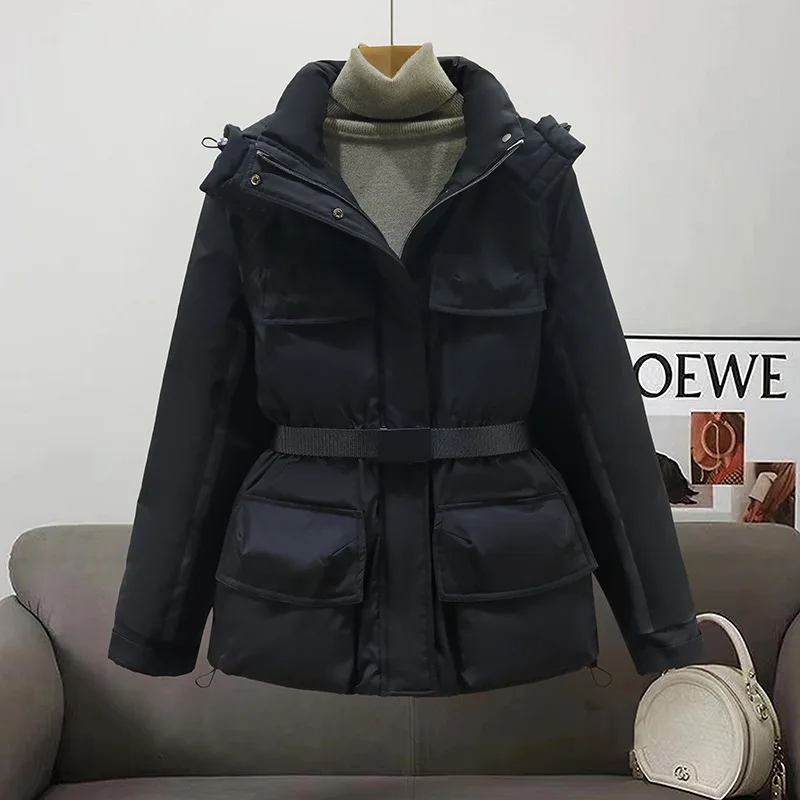 Women Mid Length Parkas Coats Solid Jackets Belt Drawstring Hooded Zipper Pocket Long Sleeves Thick Slim Fit Casual 2025 Winter