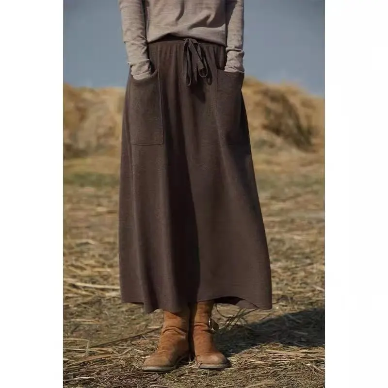 Women's Long Cashmere Skirt 100% Merino Wool Vintage Grace Basic Knitwear Office Lady Autumn Winter Dress