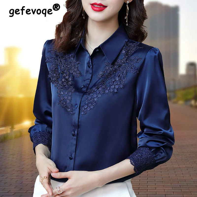 High Quality Satin Embroidery Elegant Chic Fashion Top Blouse Women Solid Long Sleeve Office Lady Button Up Shirt Blusas Clothes