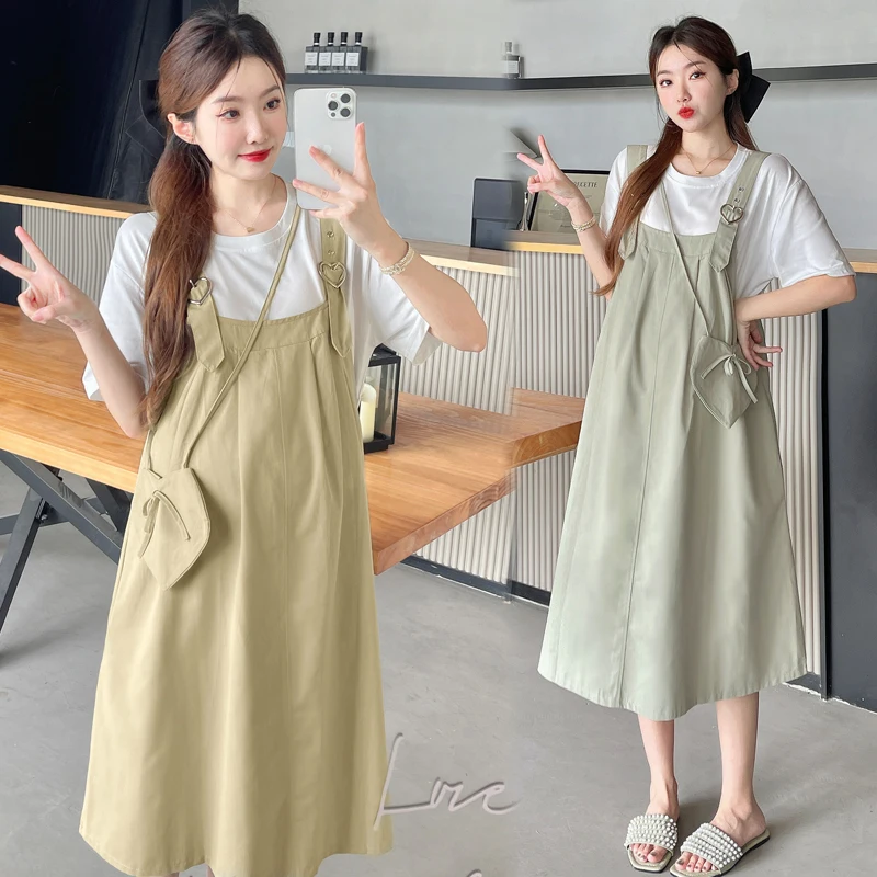 

Summer Maternity Dress Suits Short Sleeve O-neck White Cotton Tees Strap A-line Dress Twinset Loose Pregnant Woman Clothes Set