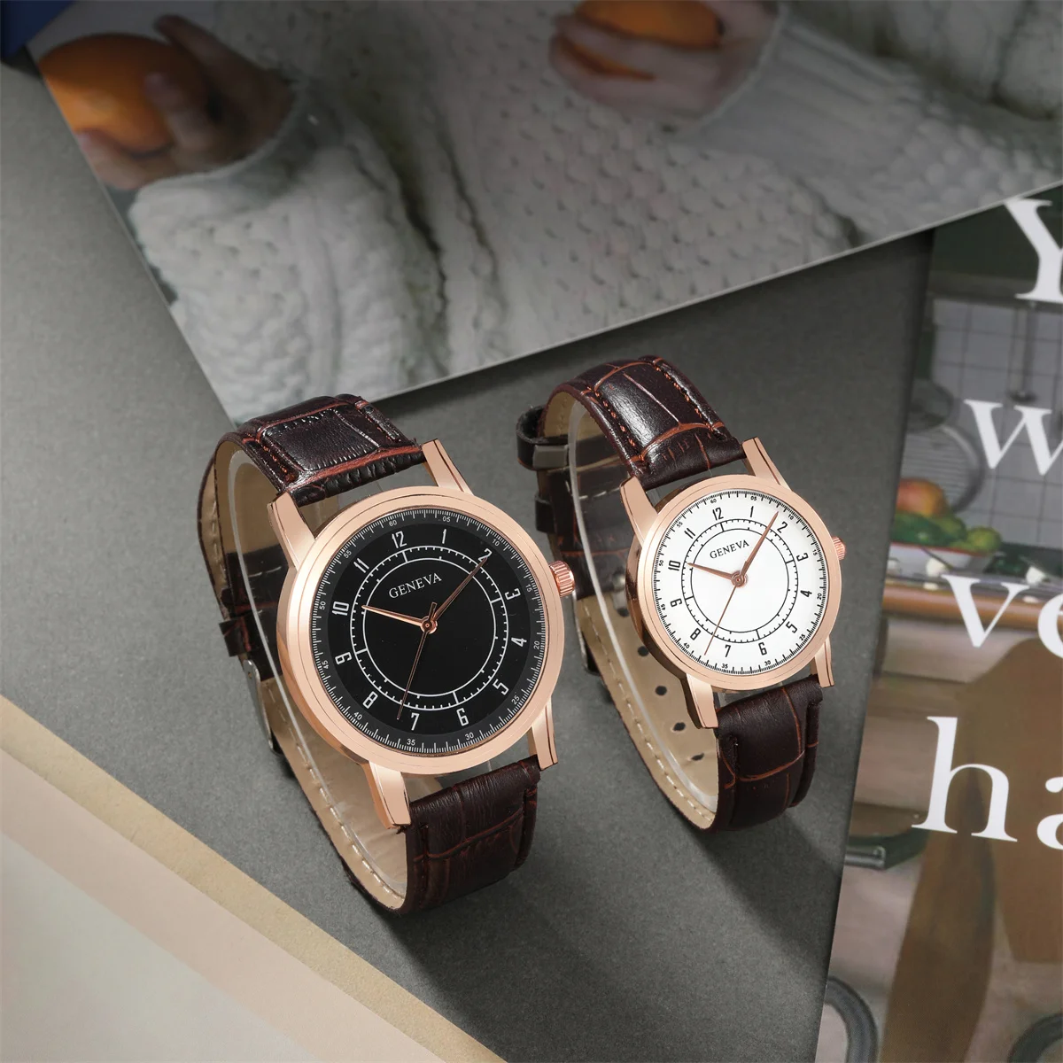 2PCS Fashion Couple Set Watches Luxury Men Women Business Casual Leather Quartz Watch Simple Brown Wristwatch