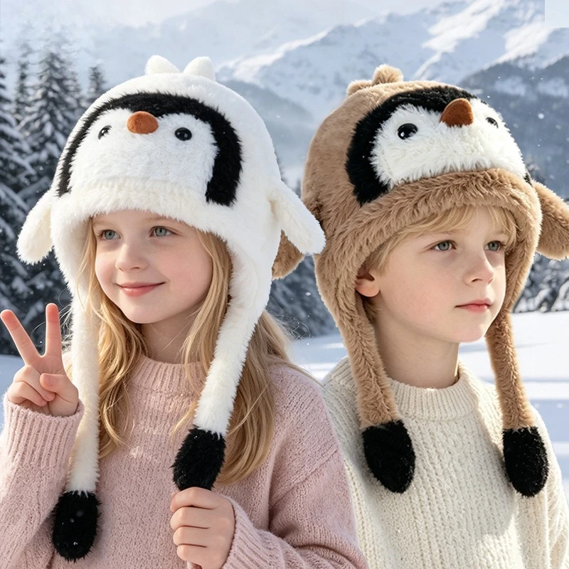 Cute Penguin Plush Hat for Kids Winter Warm Knit Ear Protection Beanie Boys Girls Outdoor Windproof Cartoon Hats