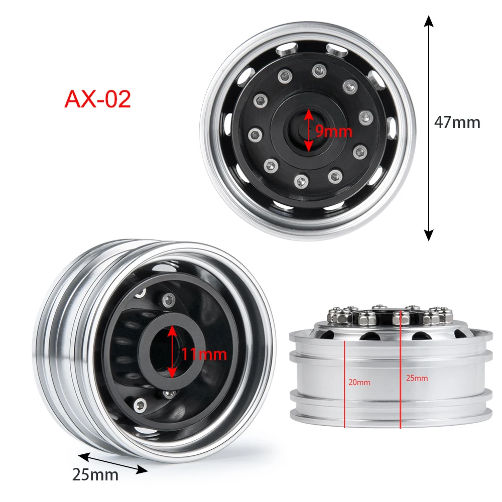 TRINOOD 8PCS Aluminum Alloy Front Rear Wheels Hubs Rims Set for 1/14 Tamiya Truck 8x8 RC Trailer Tractor Car Upgrade Parts