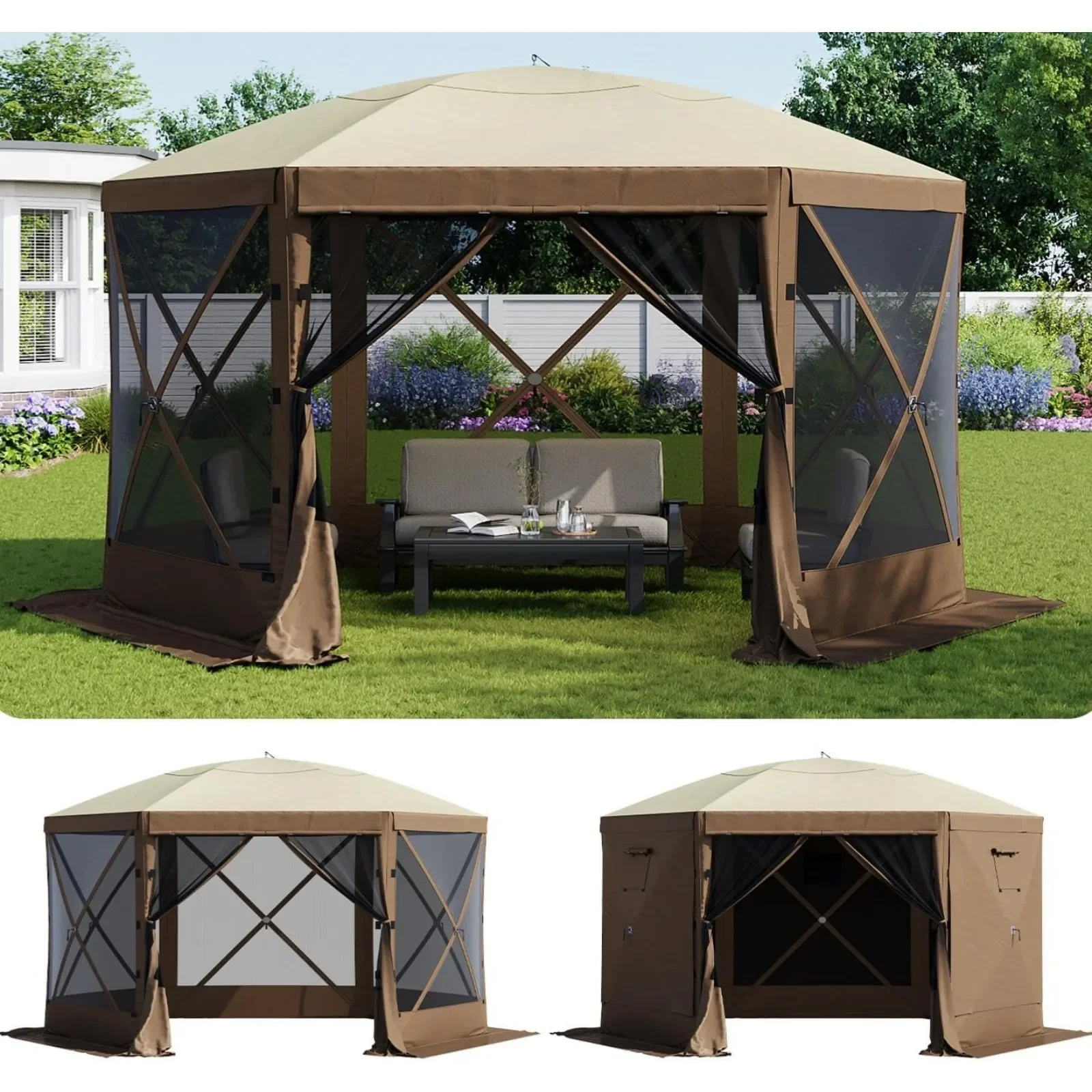 HOT Pop Up Canopy Tent, Camping Gazebo Screen Tent, Brown | 6-Sided Pop Up Canopy Tent, Mesh Windows, Carry Bag & Stakes, for Patio Lawn Backyard, Easy Setup, UV Protection