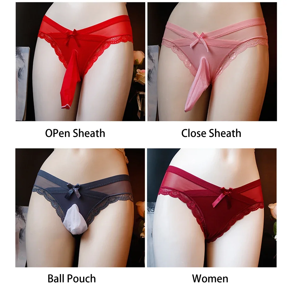 Mens Penis Pouch Closed Open Crotch Panties Sissy Lingerie Sexy Full Lace Briefs Sheer Bowknot Underwear Gays Erotic Knickers