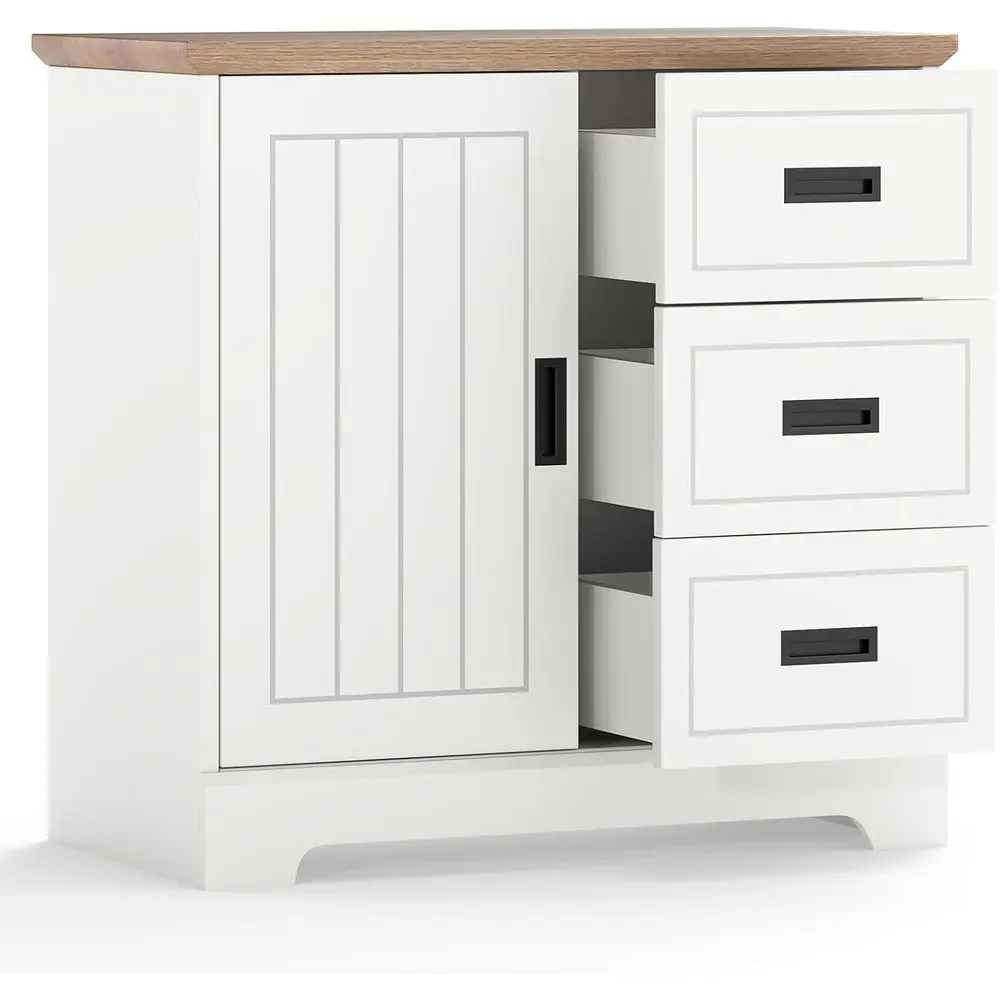 

Compact Sliding Door Sideboard with 3 Drawers, Adjustable Shelves, Wooden Coffee Bar or Dining Room Storage in White and Oak Fin