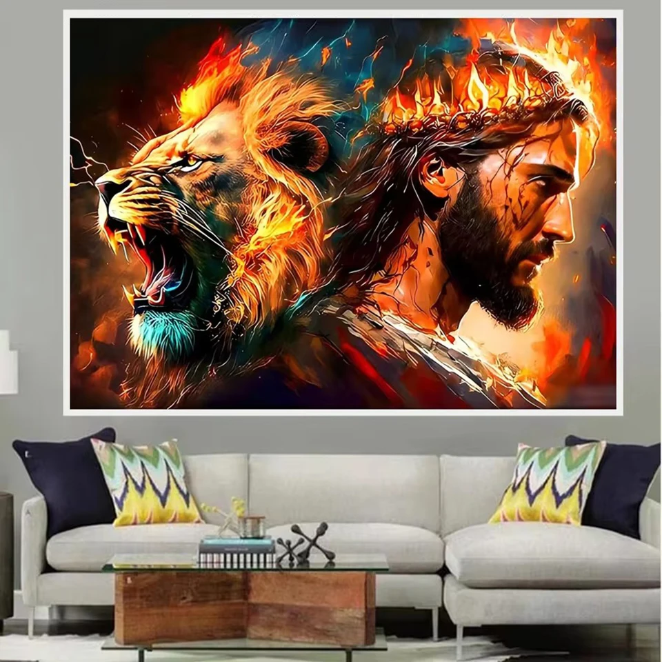 Lion and Jesus Diamond Painting Kits for Adults, 5D DIY Diamond embroidery Kits, Full Round Drill Flame Gem Art Home Wall Decor