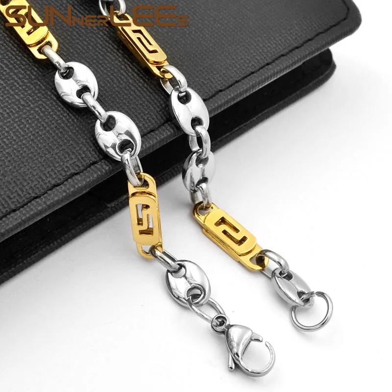 SUNNERLEES Jewelry Stainless Steel Necklace Bracelet Set 8mm Coffee Beans Link Chain Silver Color Gold Plated Men Women SC104 S