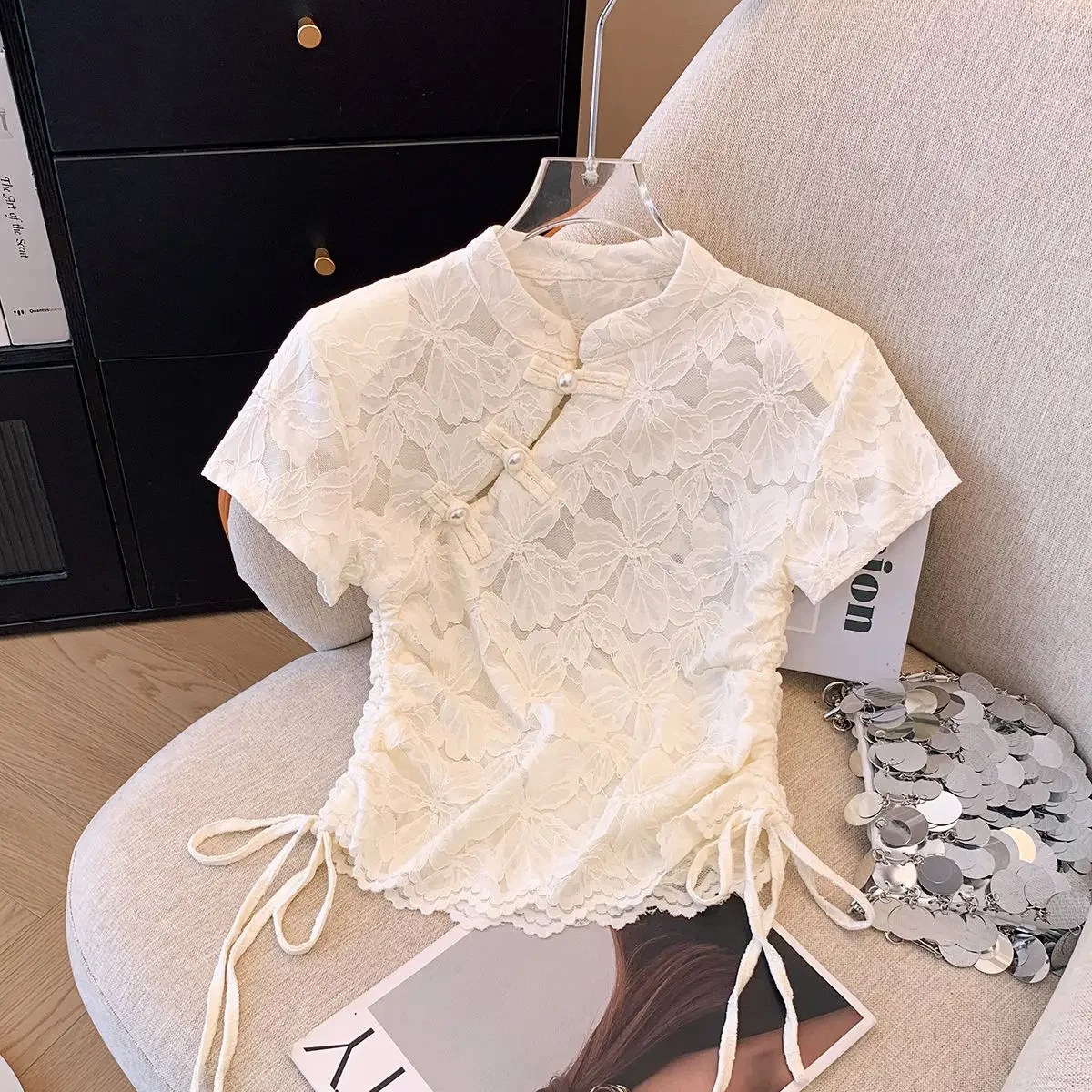 

2025 new chinese style short-sleeved stand collar improved cheongsam women's blouse casual fashion lace daily qipao top