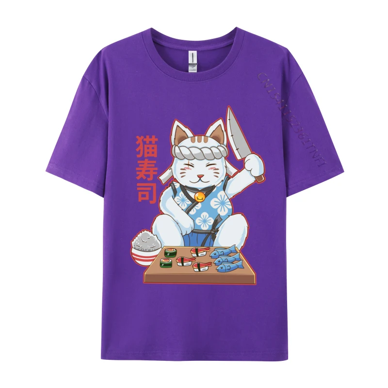 Maneki Neko Sushi Bar Kawaii Raw Cat Food Japanese Chef Man 2024 New Fashion Design Tops Tees Crew Neck Camisa Men Cotton