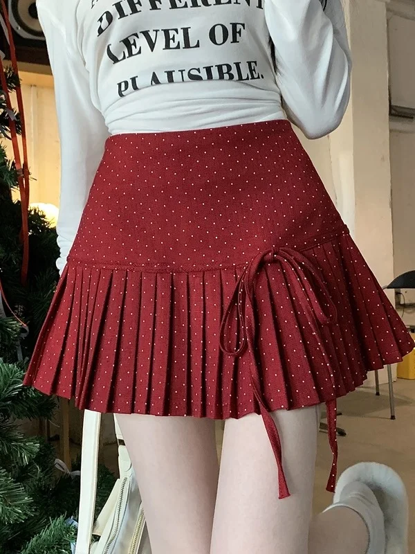 

Юбка А-силуэта с завышенной талией, плиссированная с узлом, в студенческом стиле, женская, зимняя, новая коллекция 2025, красная, стройнящая фигуру