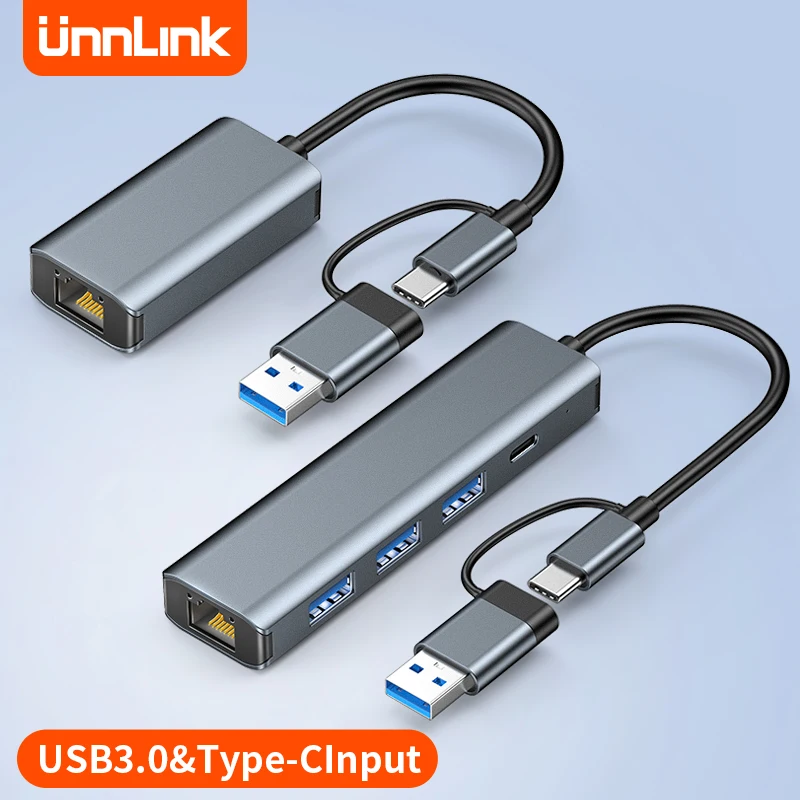 Unnlink USB Ethernet Adapter 1000Mbps USB 3.0 HUB RJ45 Lan for Laptop PC Phone USB-C HUB Network Card Switch TV Box Internet