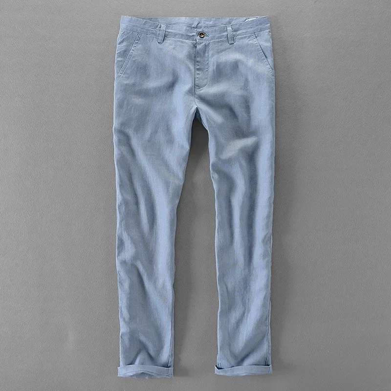 2020 Summer Mens 100% Linen Pants Cool Thin White Trousers Breathable Pants Casual Trousers Man Straight Business Cargo