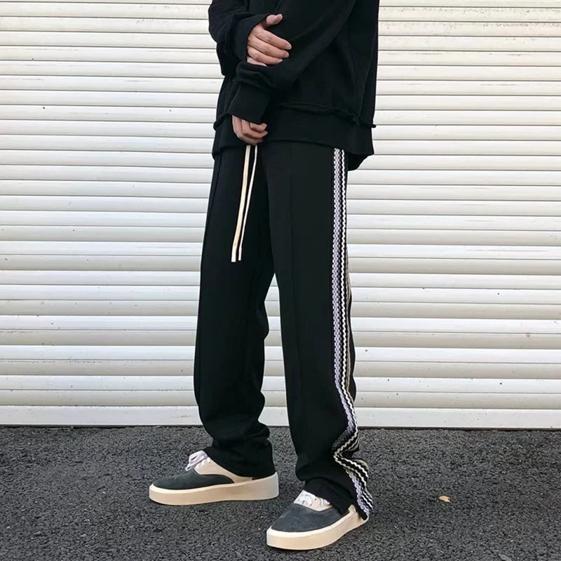 E-BAIHUI Black Men Pants Side Braid Stitching Stripes Sweatpants Streetwear Men Spring and Autumn Loose Slit Mop Pants for Male