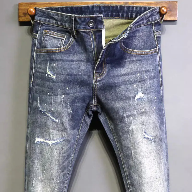 Calça lápis azul vintage masculina, moda de rua alta, jeans rasgado com ajuste magro, designer pintado, jeans hip hop, elástico