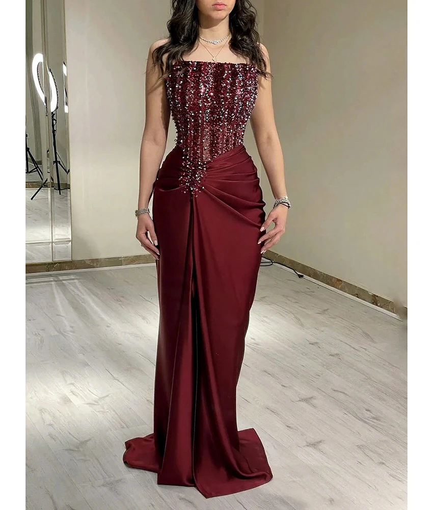 

Customized Luxury Satin Straight Sequined Evening Dress Temperament Sleeveless Strapless Floor Length Bespoke Occasion Gowns