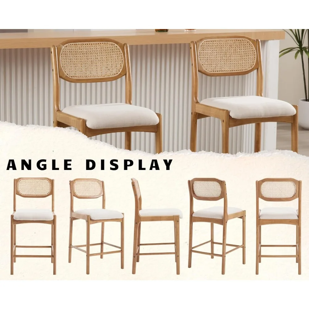 Rattan Counter Height Bar Stools Set of 2 Farmhouse Barstools with Cane Back Comfortable Linen Upholstered Bar Chairs Mid Centu