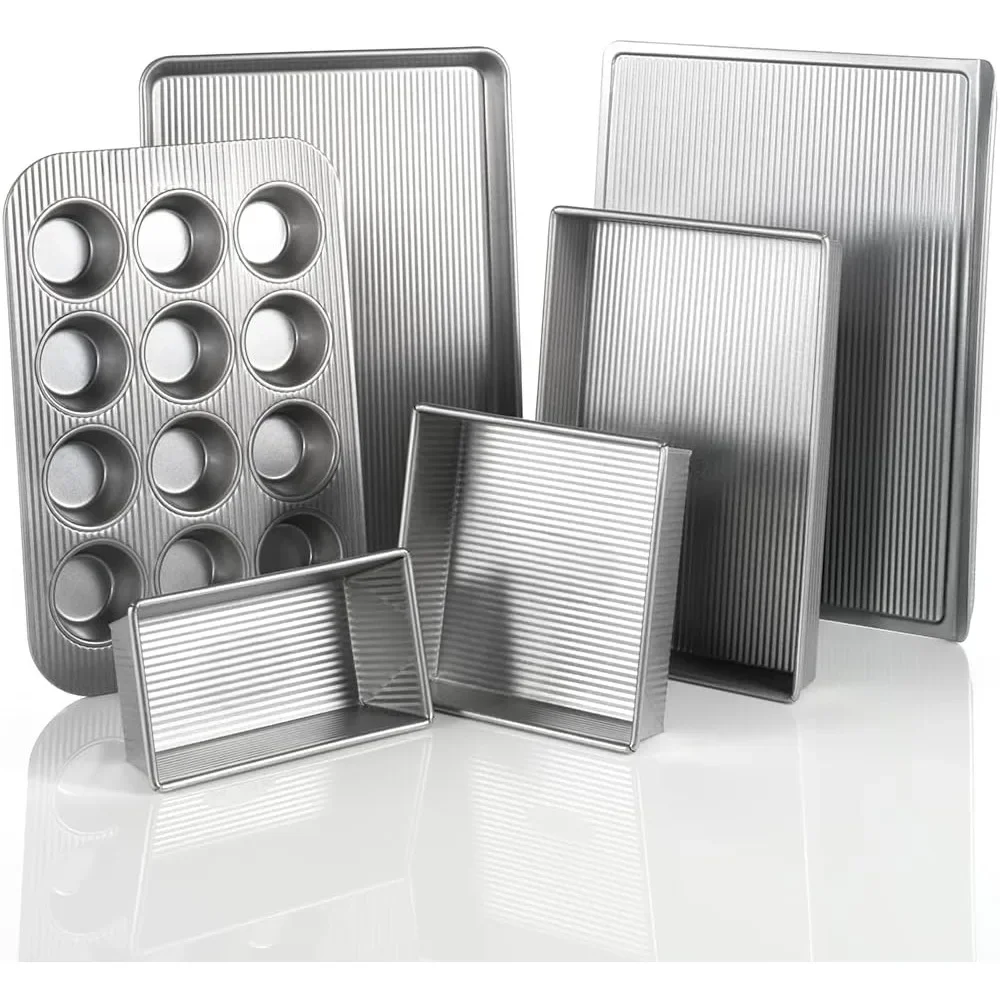 Bakeware Aluminized Steel 6 Pieces Set, Cookie Sheet, Half Sheet, Loaf Pan, Rectangular Pan, Square Cake Pan, 12 Cup Muf