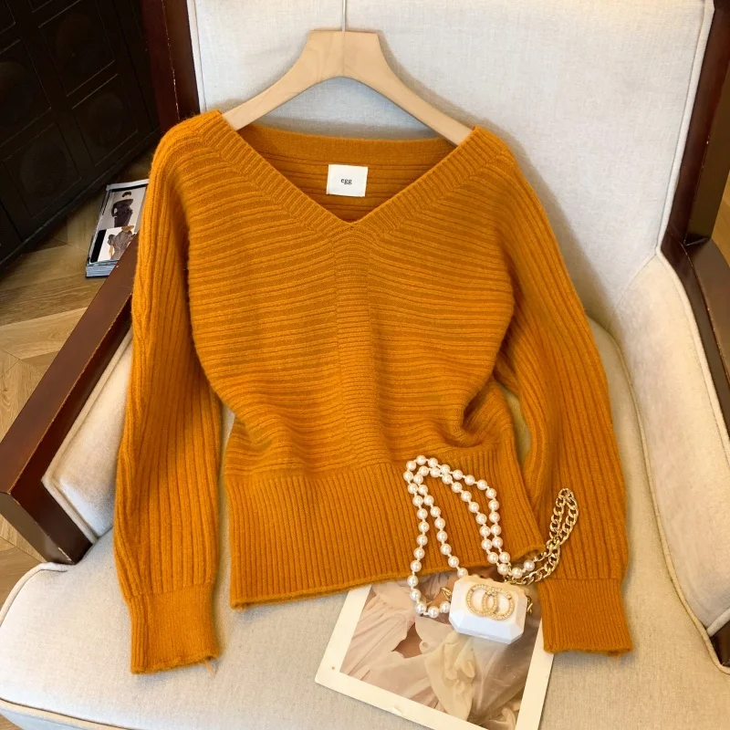여성 오렌지 브이넥 풀오버 모헤어 스웨터 빈티지 한국 스타일 점퍼 니트 긴 소매 캐시미어 스웨터 2000년대 의류 봄