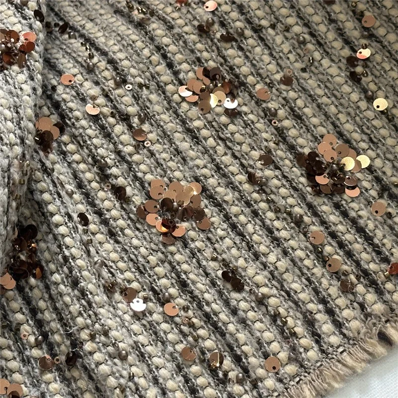 

Sequins Embroidered Fabric Autumn Winter Camel Fried Dough Twists Blended Fashion Fabrics for Diy Sewing Cloth By The Meter