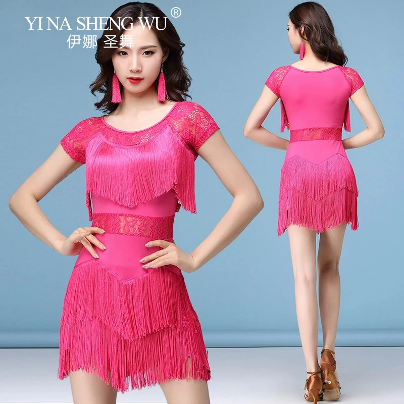 Latin Dans Jurk Vrouwen Sexy Mesh Splicing Kwastje Korte Jurk Volwassen Ballroom/Tango/Salsa/Rumba Concurrentie Prestaties kostuum