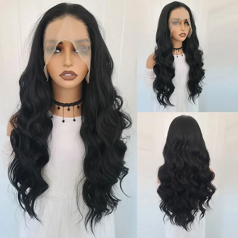 Black Loose Wave Wgis for Women 26Inch Synthetic Lace Wig Heat Ressitant Fiber Lace Front Wigs Natural Hairline Daily Wear Wig