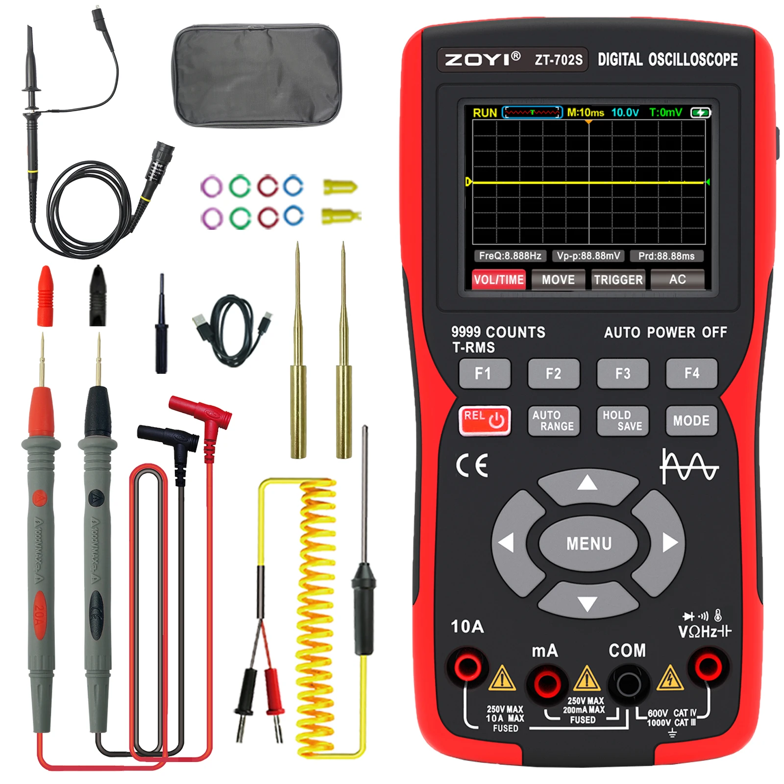 ZOYI 2-in-1 Handheld Digital Automotive Oscilloscope Multimeter, Single Channel, 10MHz Bandwidth
