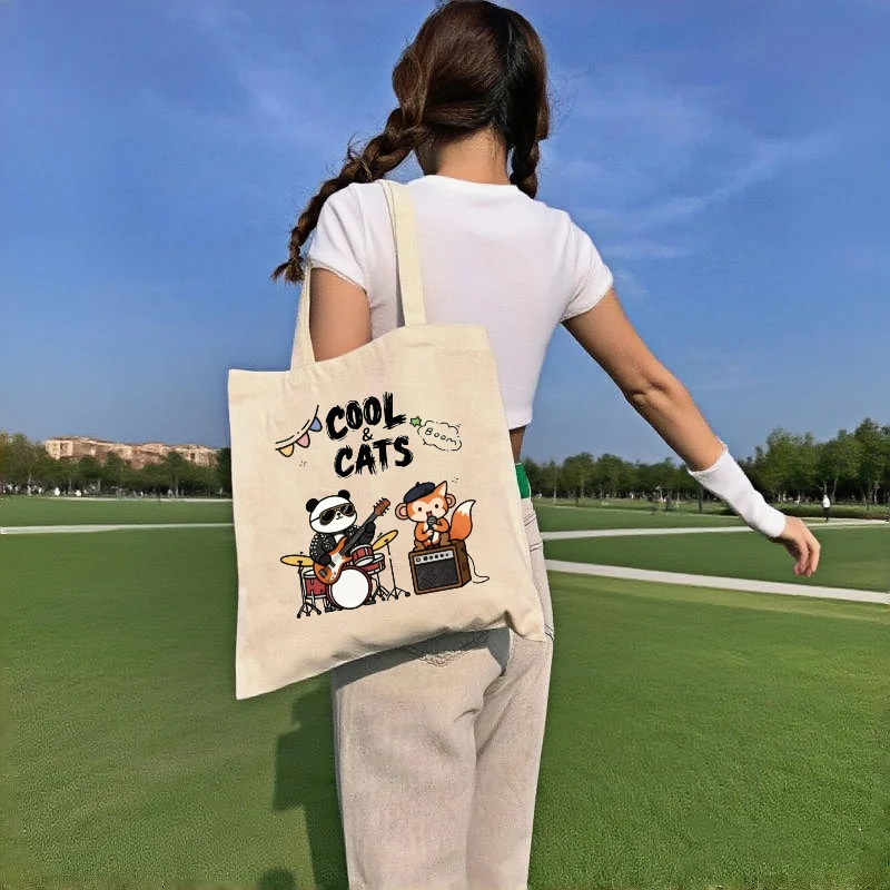 

1pc Cool & Cats Rock Band Panda Fox Canvas Tote Bag Double-sided Printed Kawaii Animal Music Casual Shoulder Shopping Bag