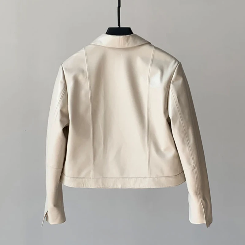 100% echtes Leder Frauen Kurze Blazer Jacke Mäntel Mode Schwarz/Weiß Weibliche Herbst Metall schnalle Casual Schaffell Anzug Jacken