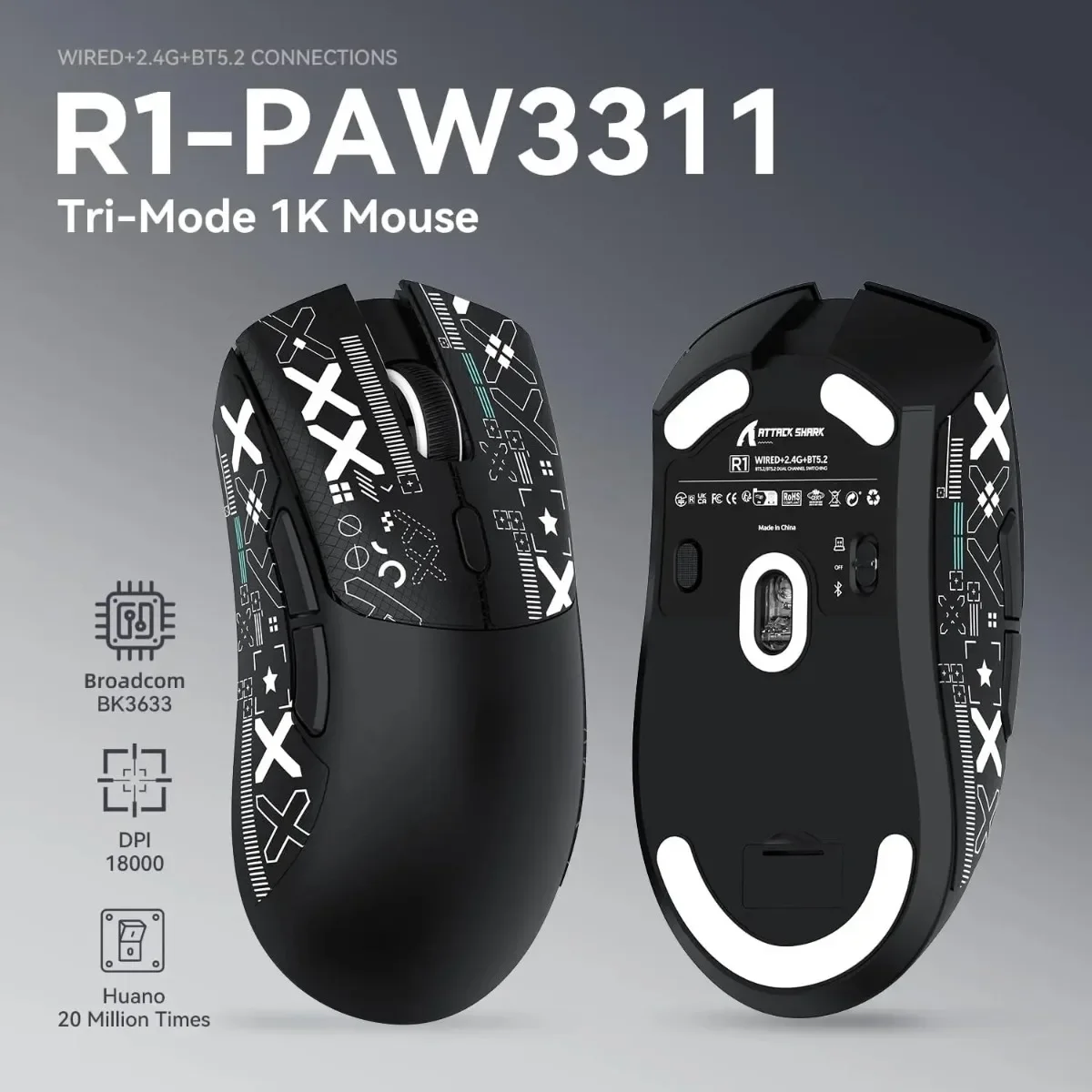 

Attack Shark R1 Wireless Mouse Lightweight Tri-mode Connection PAW3311 18000dpi 1KHZ Esports Macro Gaming Mouse Electronics
