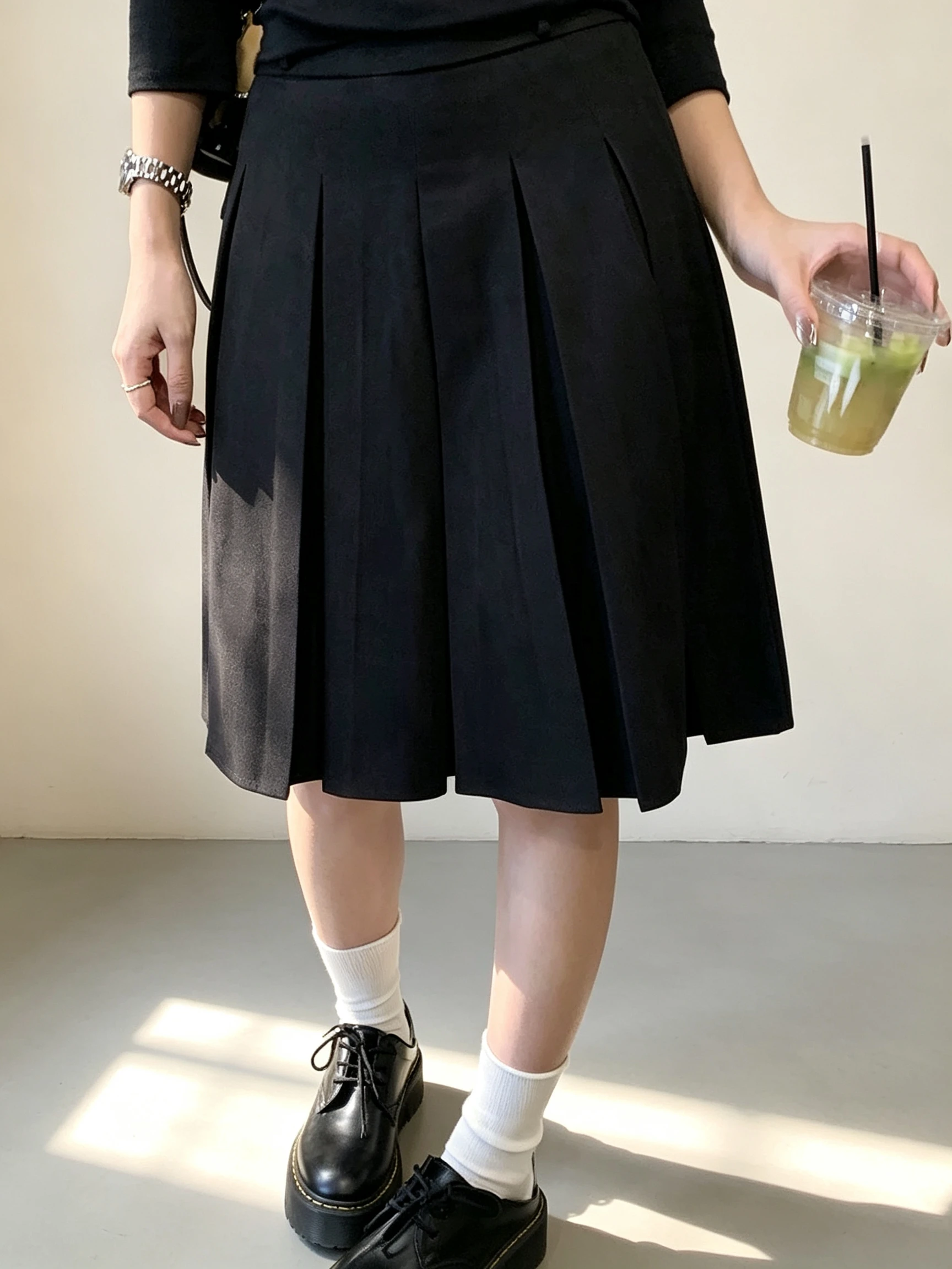 Korean Design Vintage A-Line Pleated High Waist Skirt Women's College Style Meat Covering Slimming Personality Midi Skirt