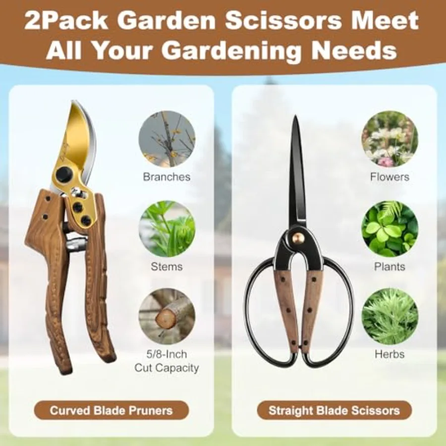 2Pack Garden Pruning Shears Set: Ultra Sharp SK5 Blade Gardening Shears and Precision Garden Scissors, Wood LikeandWide Walnut