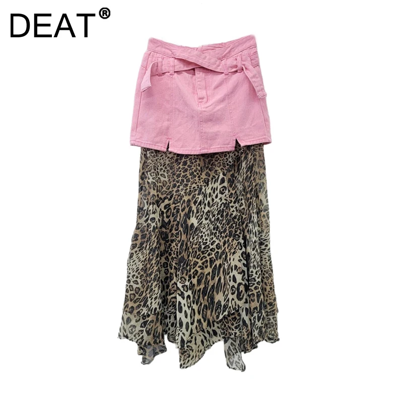 DEAT Women's Denim Skirt Patchwork Design Leopard Printed High Waist Irregular Mermaid Skirts 2025 New Fashion Spring 11A01928