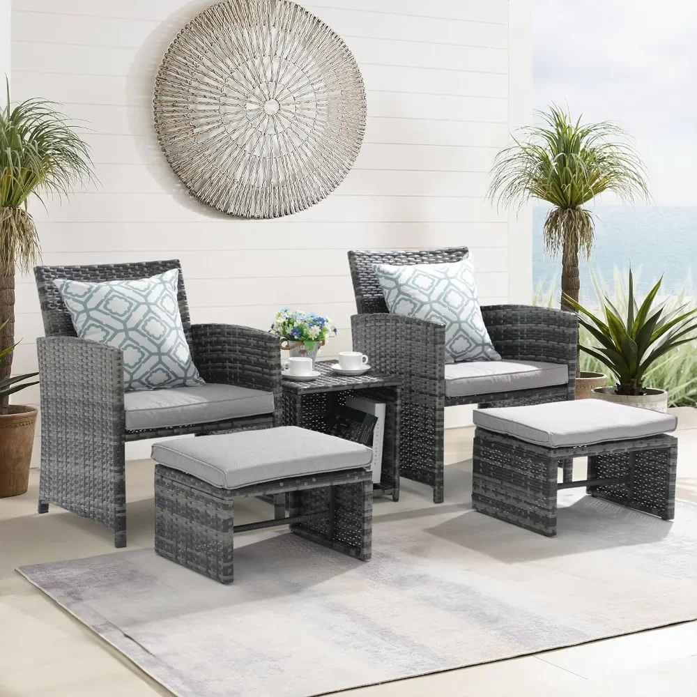 5 Piece Patio Furniture Set, Wicker Outdoor Conversation Chair and Ottoman Set with Coffee Table, Pillows Included,Light Grey