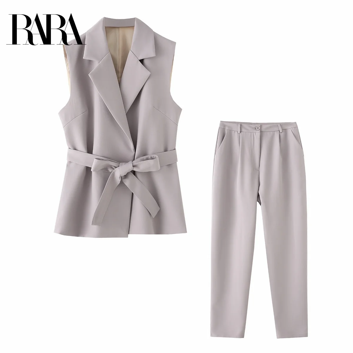 

RARA Women's Belt - decorated Sleeveless Blazer Vest and Straight - leg Trousers Set Simple Commuting - style Office Set