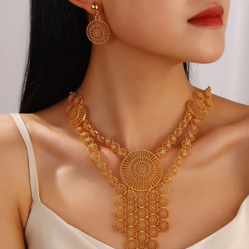 

Golden Alloy Hollow Circular Decoration Exaggerated Personality Women's Fashion Necklace Earring Set