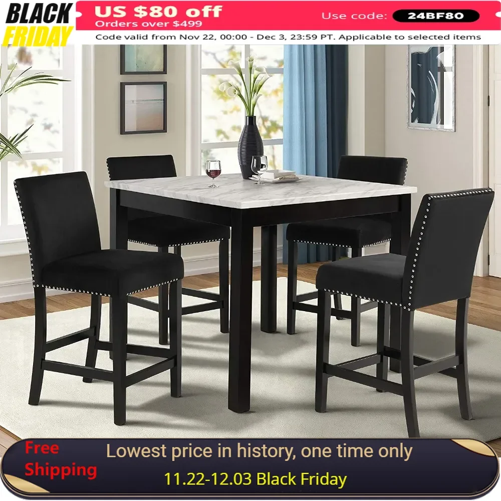 

Table Set Celeste Faux Marble Counter Dining Table with Four Chairs, 5 Piece Dining Room Set