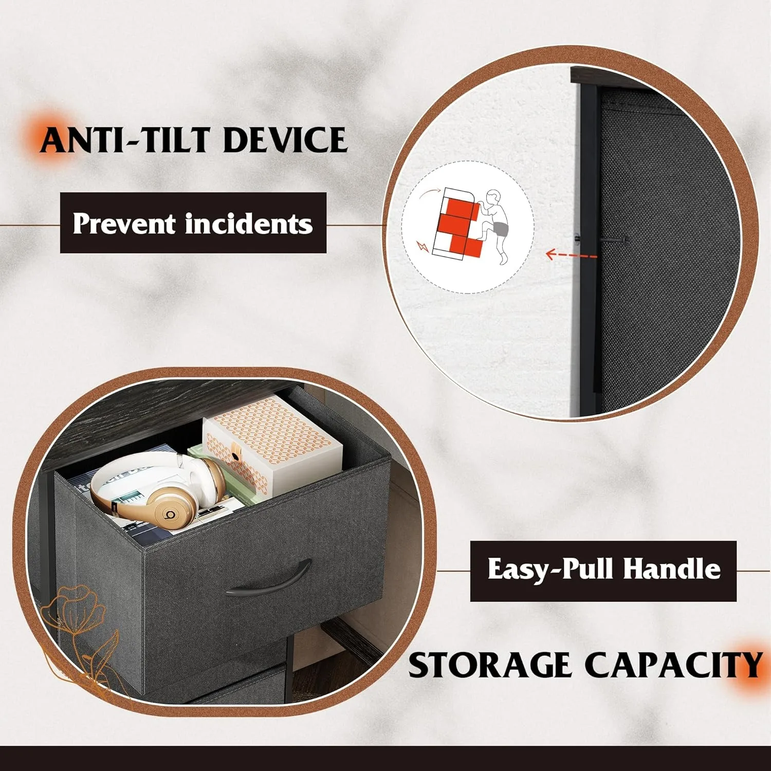 Kommode mit 3 Schubladen, Nachttisch aus Stoff, Organizer-Einheit, Aufbewahrungskommode für Schlafzimmer, Flur, Eingangsbereich, Schränke, Anthrazitschwarz