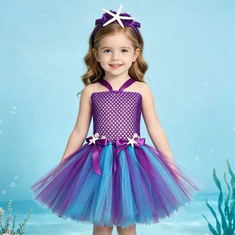 

Girls Mermaid Themed Tulle Dress, Sweet Fluffy Tutu Dress with Headband, Kids Role-play Stage Performance Princess Dress