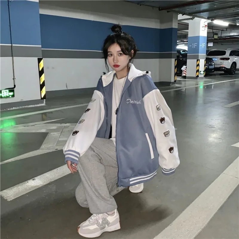 HOUZHOU Japanese Y2k Baseball Jacket Women Kawaii Oversized Korean Fashion Cute College Bomber Jackets Zipper Hooded Harajuku