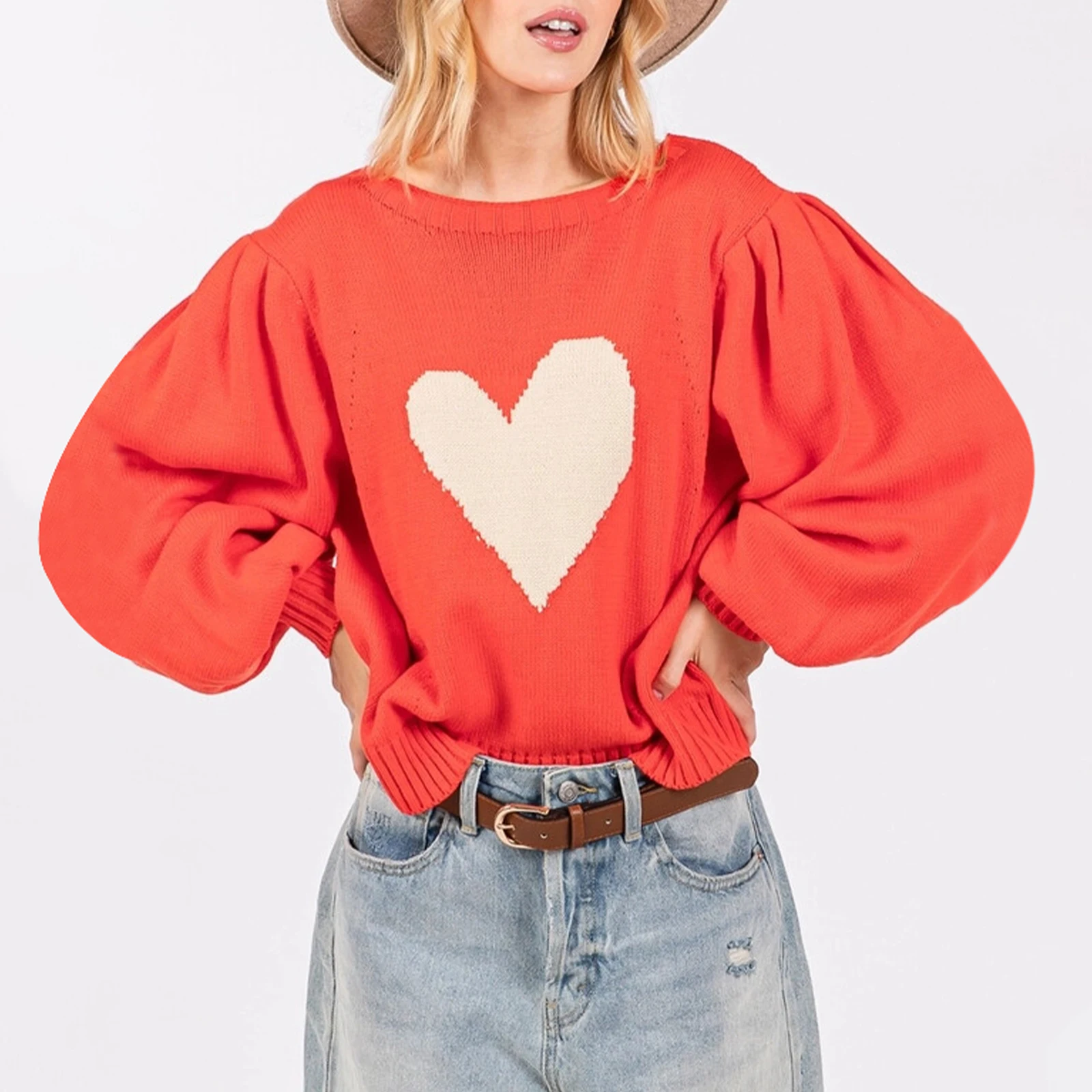 hirigin Women's Valentine's Day Knit Sweater Long Sleeve Round Neck Heart Print Pullover Knitwear Y2K Vintage Streetwear