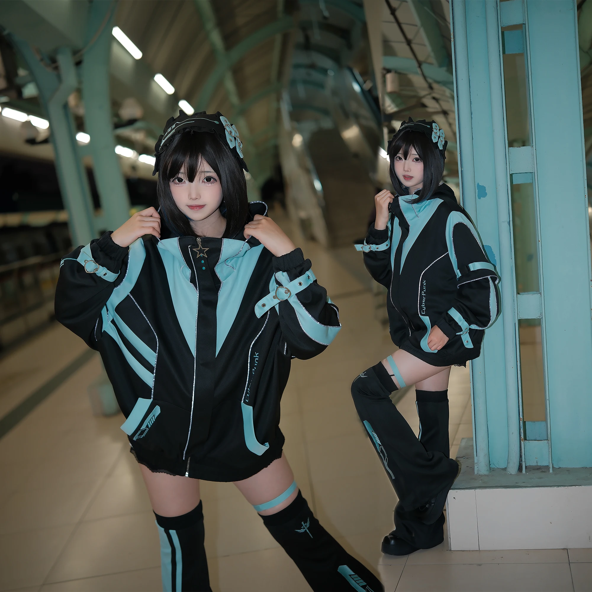 Conjunto de Top verde de estilo lindo de Anime Otaku de estilo japonés para grupo de chicas, diadema de otoño + chaqueta + pantalones cortos + calentadores de piernas