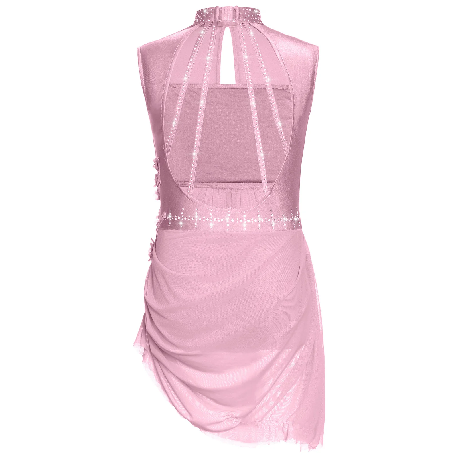 Tenue de danse de patinage sur glace pour enfants filles, sans manches, dos nu, découpe, maille transparente, strass, robe Tutu de Ballet, vêtements de danse latine