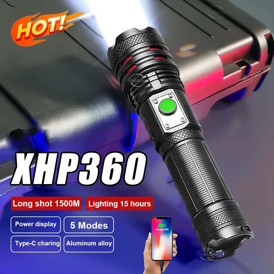

XHP360 High Power LED Flashlight Rechargeable Lights Long Range Lighting Tactical Lantern Waterproof Torch For Fishing Camping