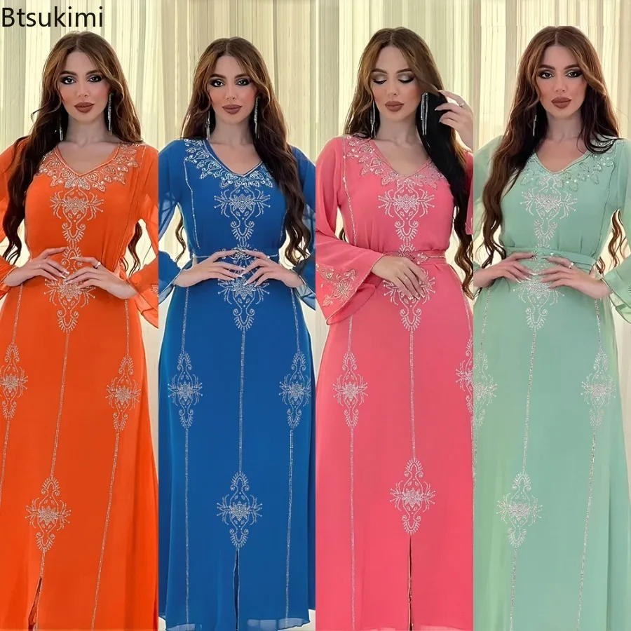 

2025 Saudi Arabia Dubai Fashion Diamond Dress Women Muslim Dresses Abaya Chiffon Robe Middle Eastern Women's Clothing Maxi Dress