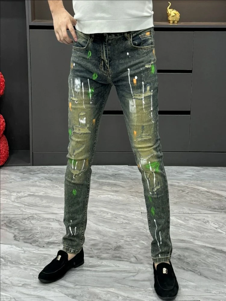 

Men's fiti Splatter Denim Jeans Spring Faion Slim Fit Hole Versatile Sli Long Pants Nine Point Pants Casual Wear