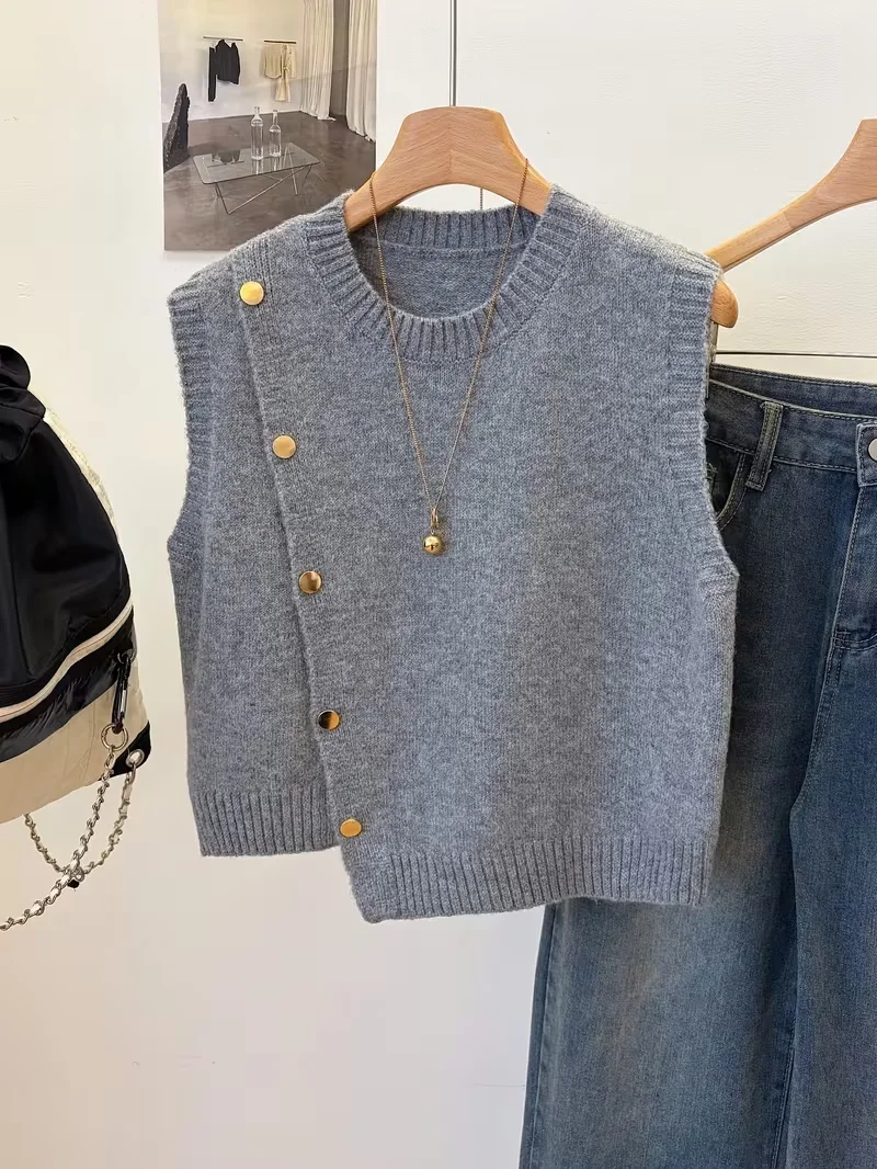 

Solid colour simple casual short versatile layered knitted vest sweater
