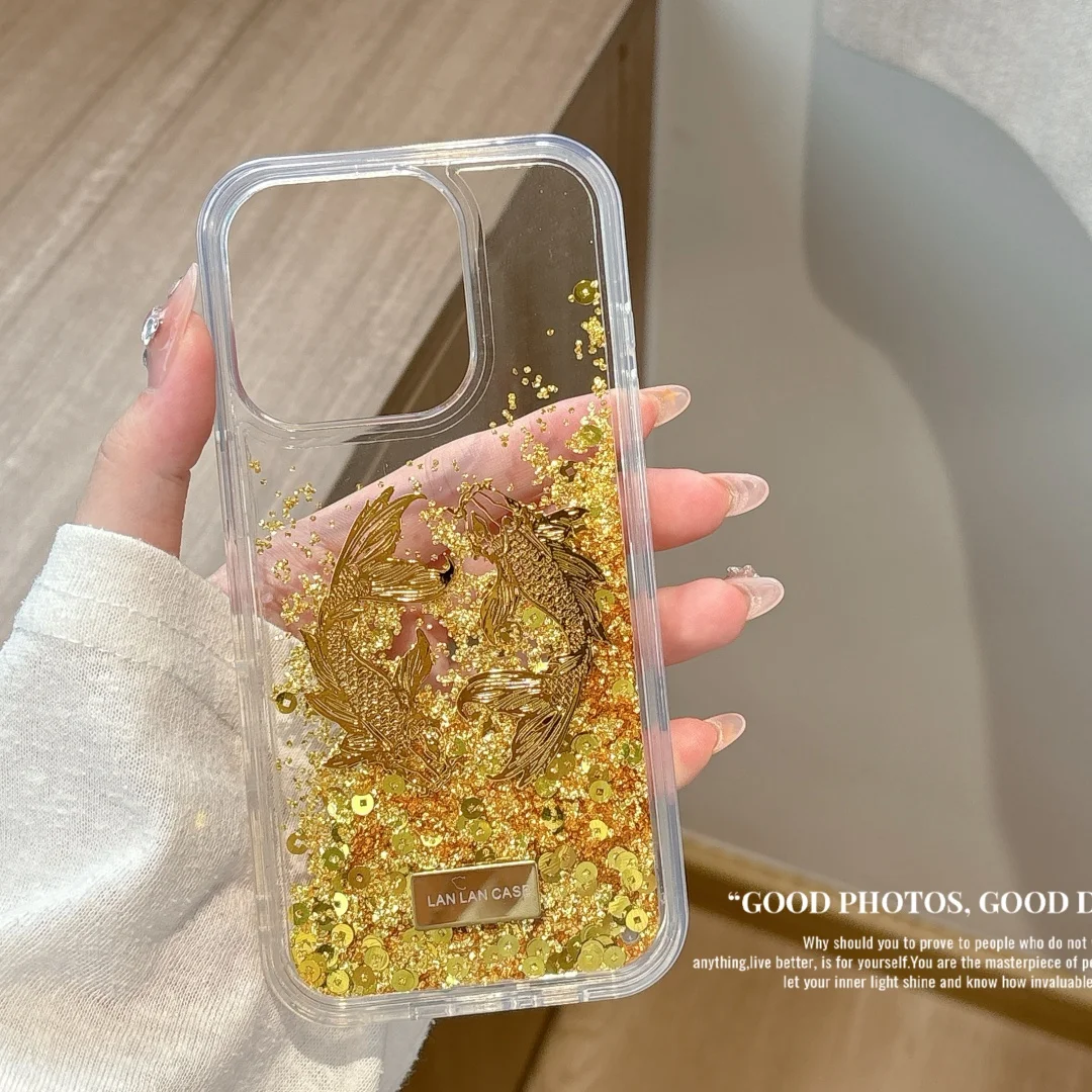 

Lucky Wealth Goldfish Glitter Cute gold coin Quicksand Phone Case For iPhone 17 16 15 14 13 12 11 Pro Max Plus 2025 Soft Cover